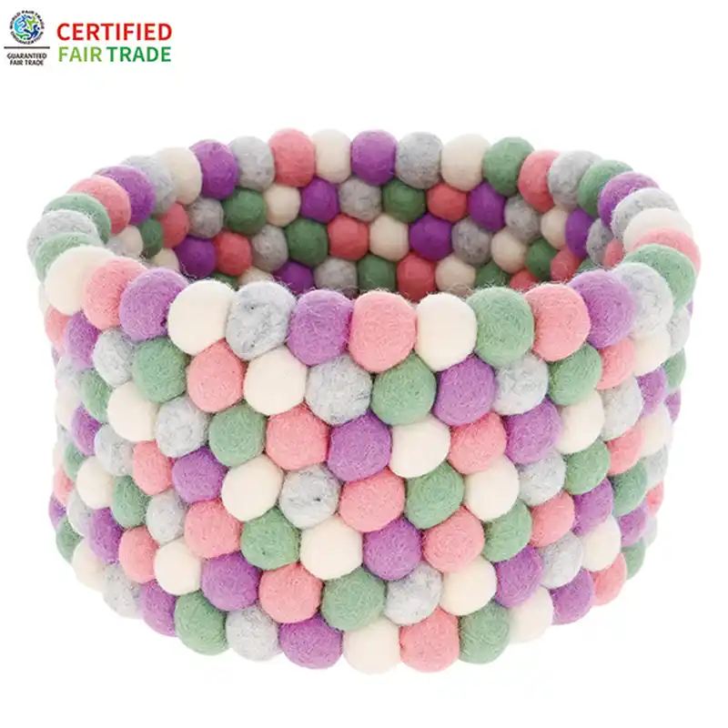 ネパール フェルト雑貨 ポコポコ・スモールバスケット ピンク