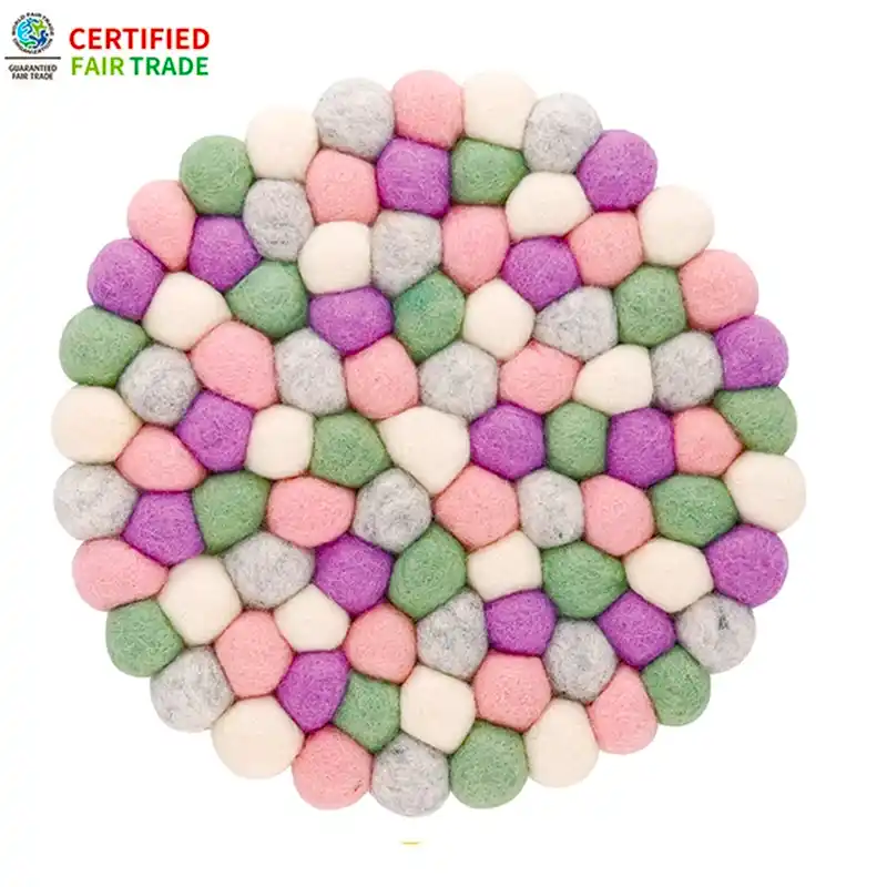 ネパール フェルト雑貨 ポコポコラウンド 鍋敷 ピンク