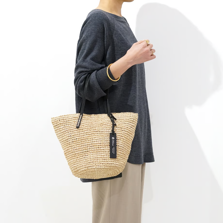 Folna  レザー持ち手ラフィアトートバック  /Natural#05