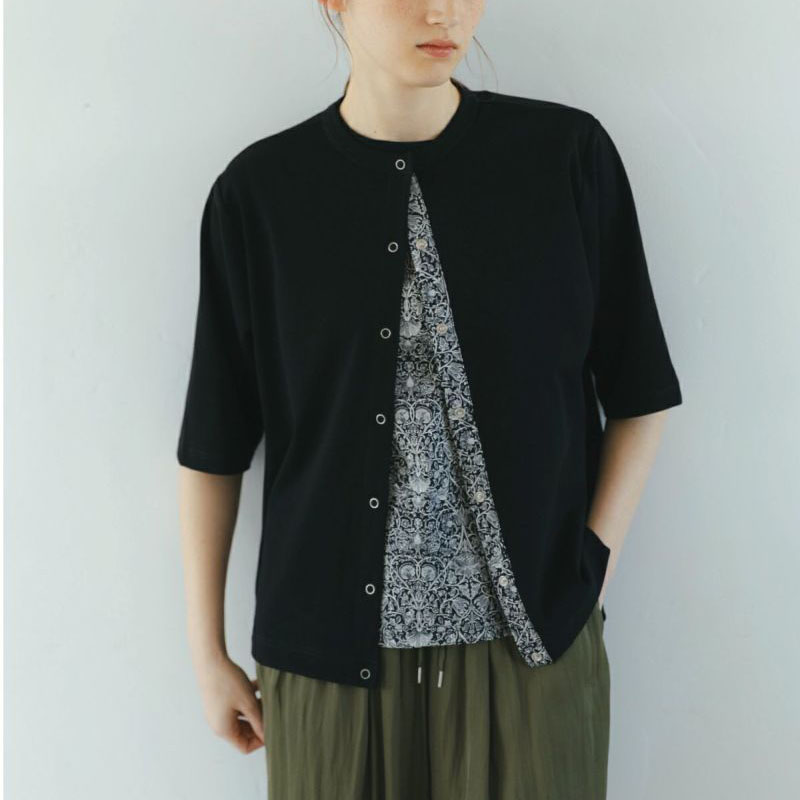 sosotto ストレッチフライスLIBERTY5分袖前立てドット釦カーデ/BK05