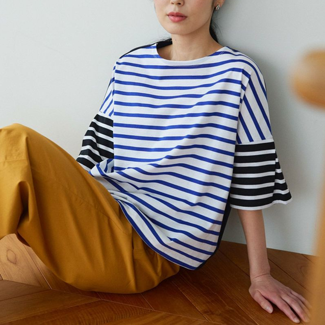 PONT DE CHALONS  クレイジーボーダーTシャツ /OW×BL10 【日本製】