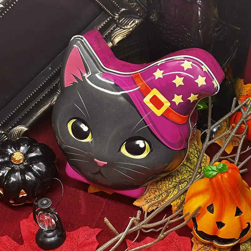 ハロウィン　ネコ　フェイス缶