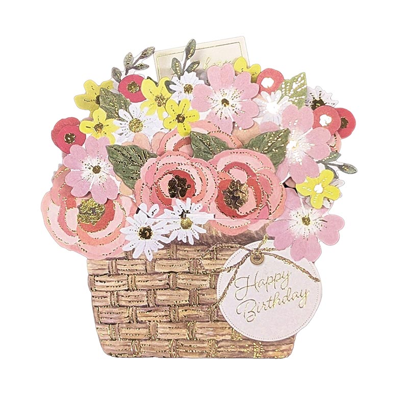 フローラルポップアップバースデーカード/フラワーバスケット