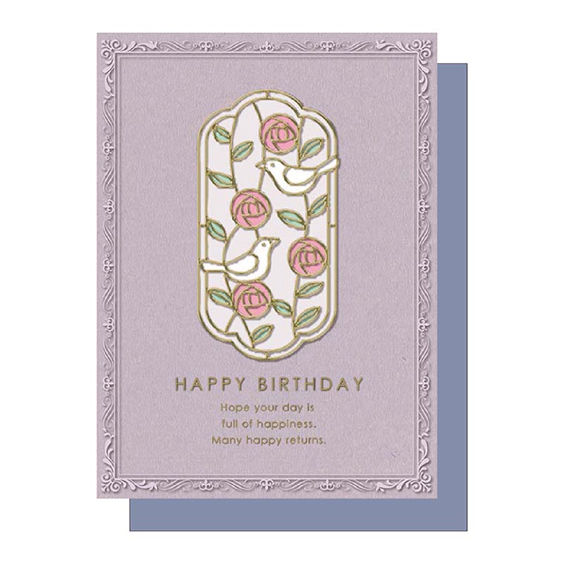 ステンドグラスバースデーカード/バラと小鳥