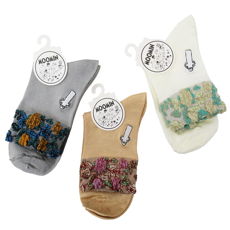 MOOMIN ソックス ゴム口 逆スパ 花柄+ニョロ刺繡