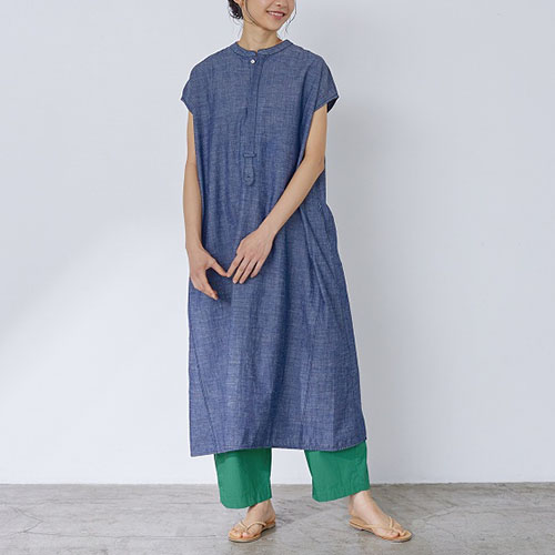 NOUVELLES DU PARADIS コットンリネン平織デニム　2wayワンピース　INDIGO78 【日本製】